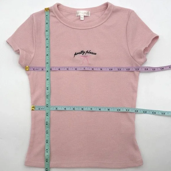 Riley James Ribbed T-Shirt Pretty Please Pink Bow Embroidered Top Short Sleeve S - Picture 3 of 6